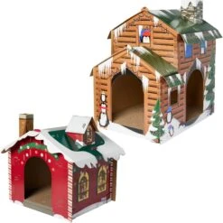 Frisco Holiday Log Cabin Cardboard Cat House & Frisco Holiday Santa's Workshop Cardboard Cat House
